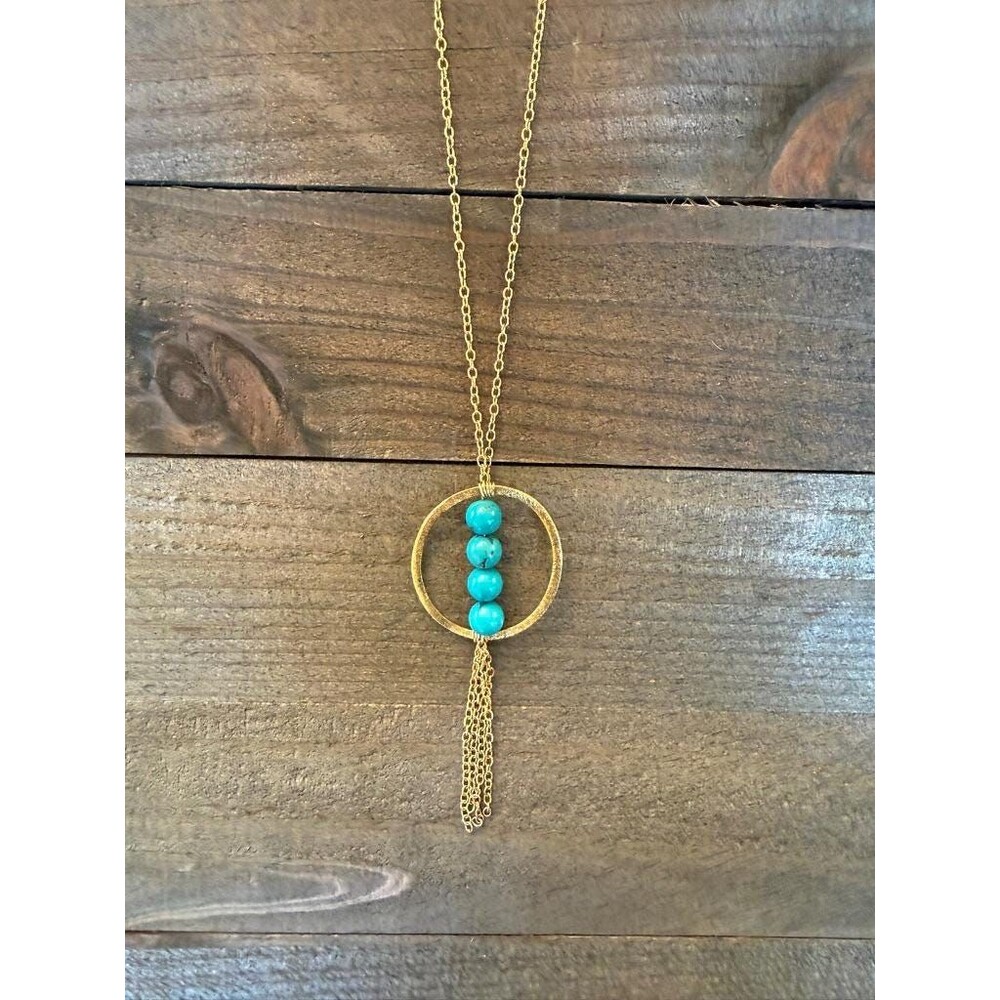 Handmade Turquoise Bead Necklace Gold Plated Circle Pendant with Tassel